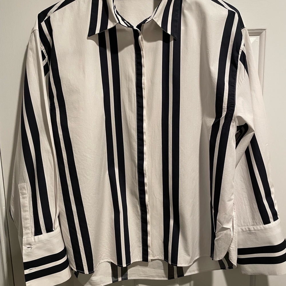 Massimo Dutti Navy Blue and White Striped Shirt; Women’s Size S.